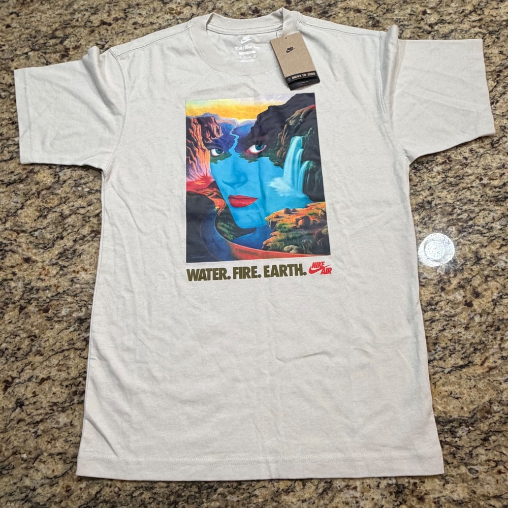Nike Air Water Fire Earth Graphic Tee Loose Fit Light Bone Mens XS ws